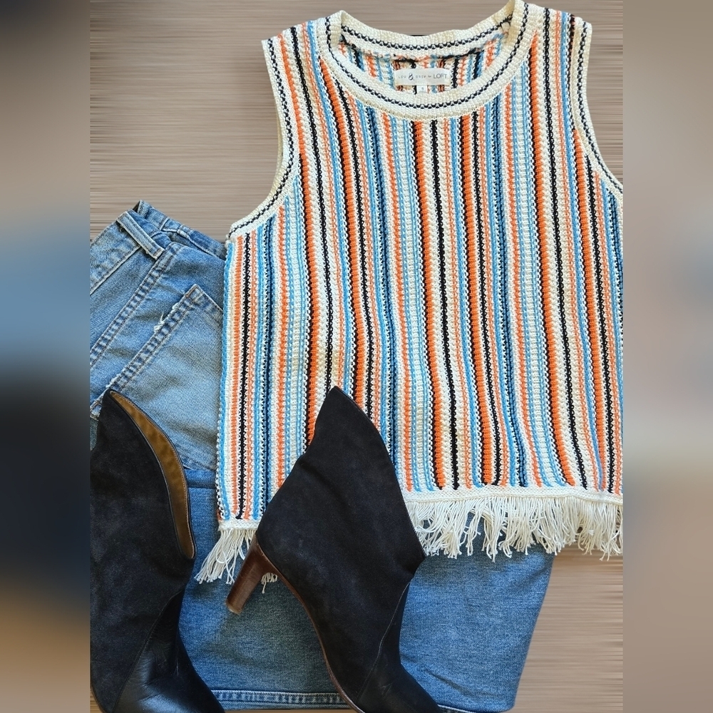 Lou & Grey For Loft Fringe Striped Multicolor Boho Style Tank Size Small - Picture 12 of 12